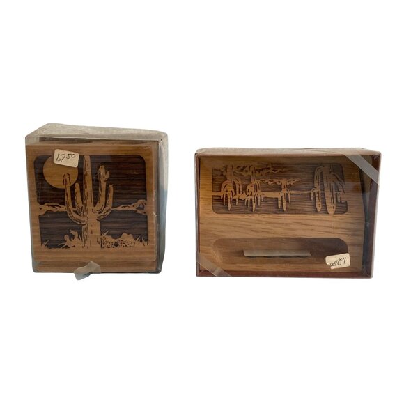 Desk Set Of 2 Laser Engraved Wood Pen And Business Card Holders Cactus Saguaro - Picture 1 of 6